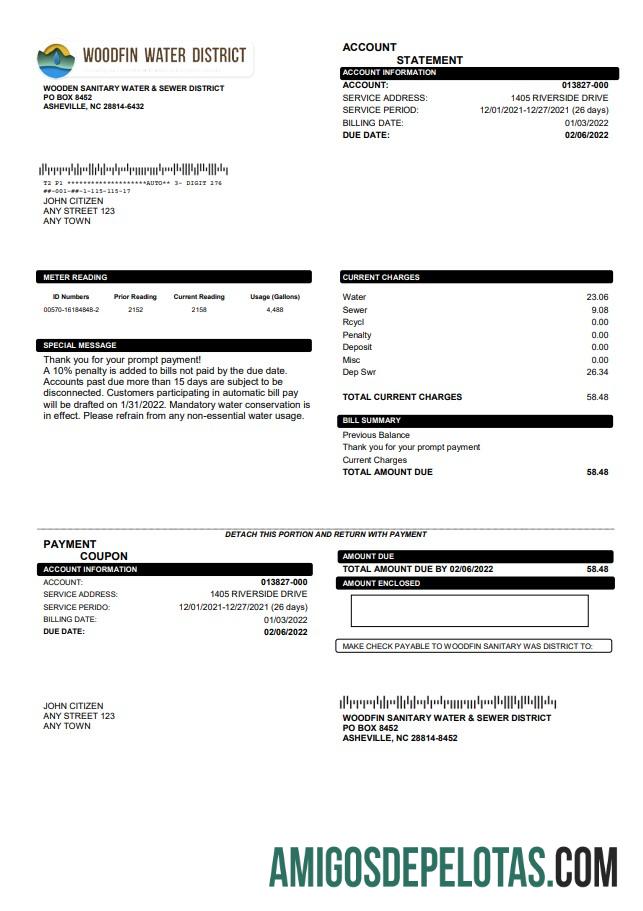 Em branco modelo de conta de serviços públicos do distrito de água e esgoto Woodfin da Carolina do Norte dos EUA em formato Word e PDF